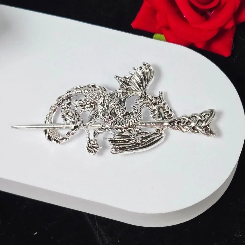 Silver Wyvern Dragon Celtic Knot Hair Pin Nordic Viking Stick Barrette Bun Clip